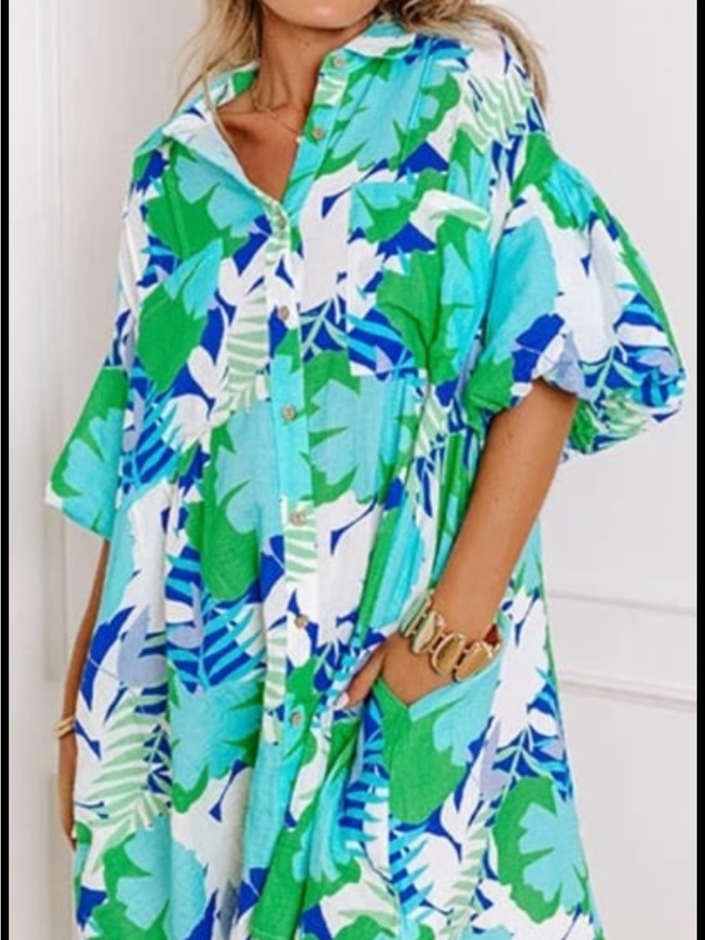 Peach Love California Tropical Leaf Midi Dress in Green & Blue